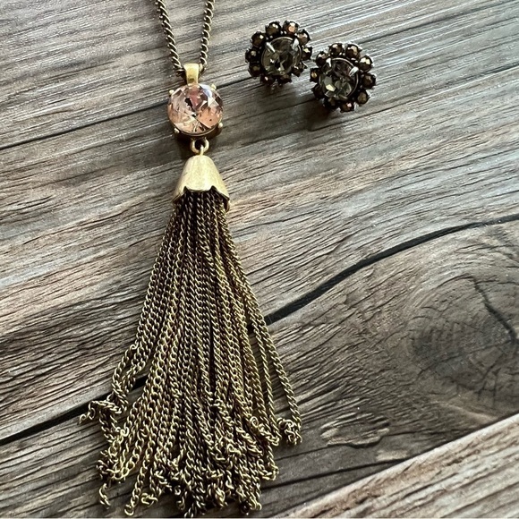 J. Crew Gold Gem Tassel Necklace & Stud Rhinestone Earring Set - Picture 1 of 7
